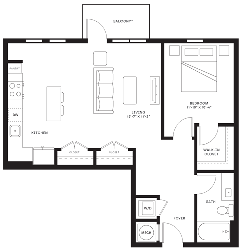 Floor plan for 1 bed, 1 bath, 839 sqft